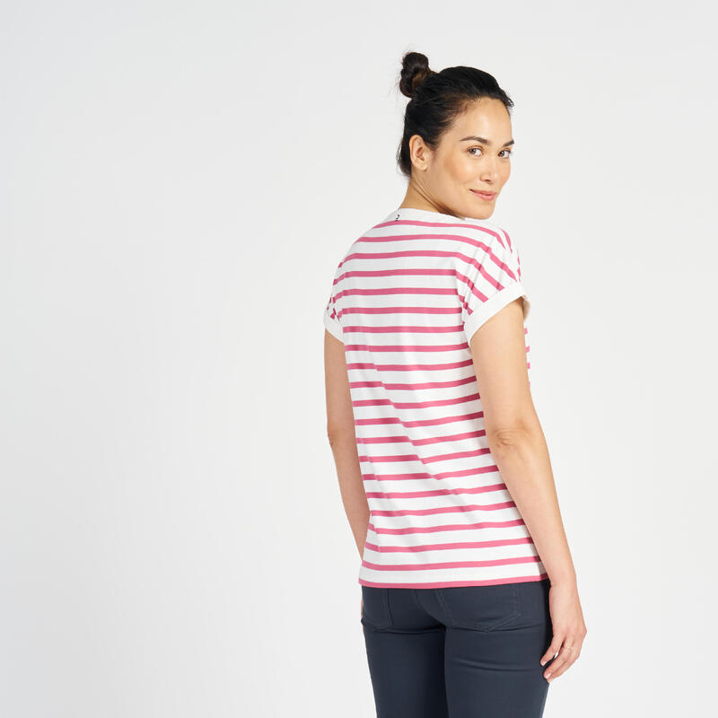 T-Shirt Manches courtes - marinière de voile Sailing 100 Femme Ecru rose