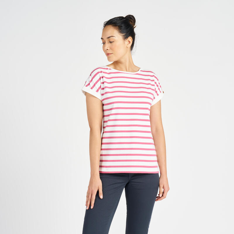 Gestreept T-shirt met korte mouwen voor zeilen dames Sailing 100 ecru/roze