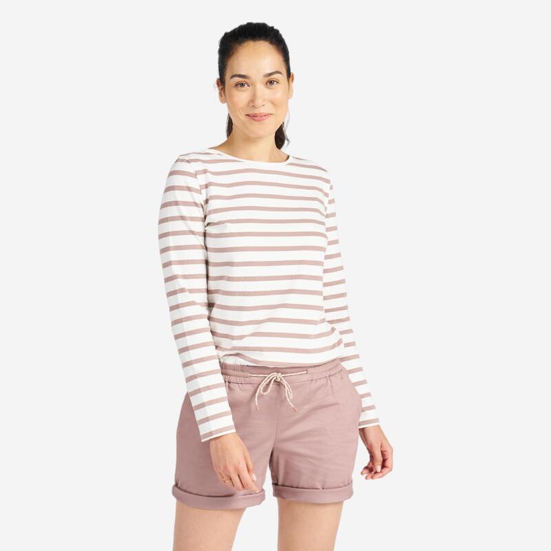 Streepjesshirt met lange mouwen voor zeilen dames Sailing 100 ecru taupe