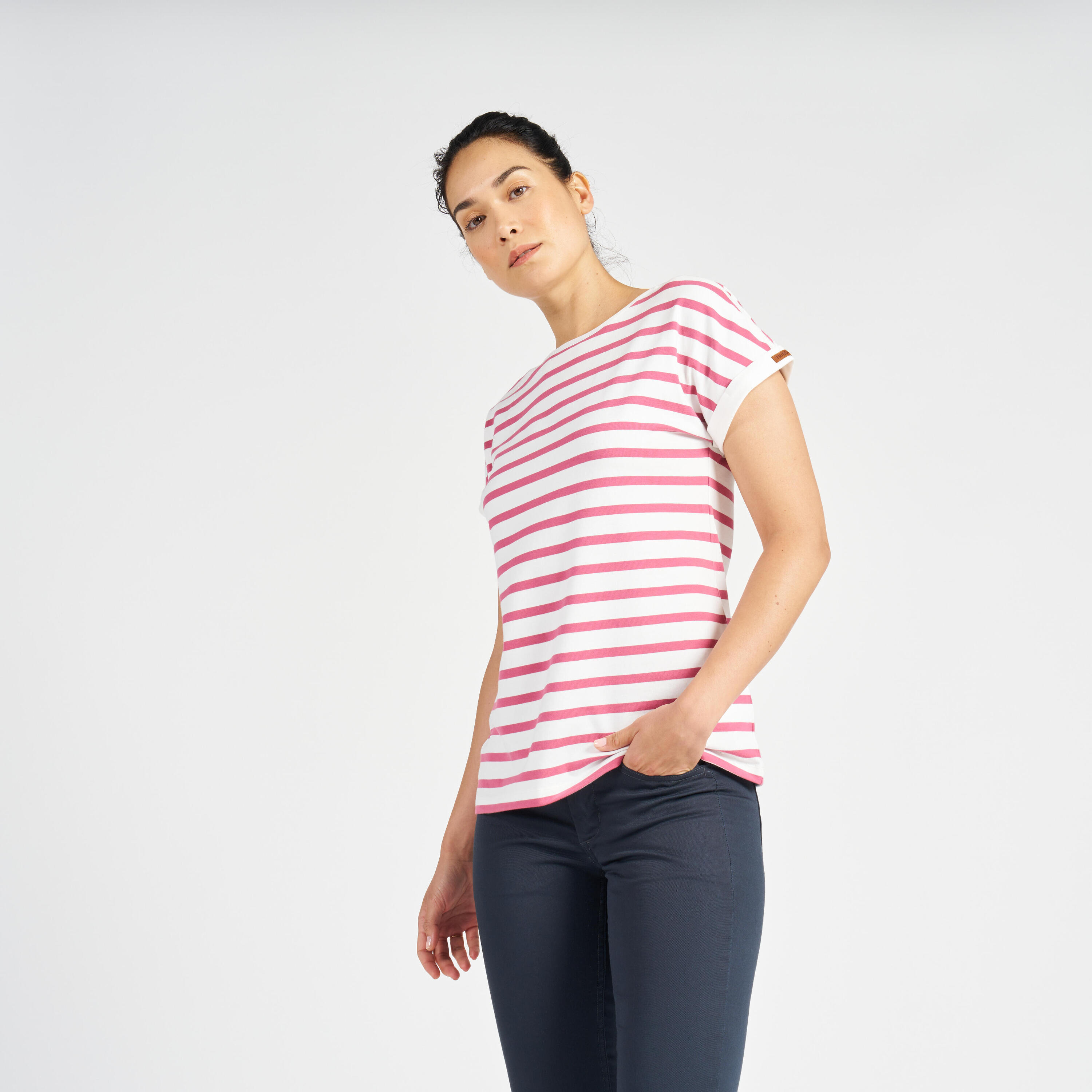 T-shirt manches courtes - marinière de voile sailing 100 femme ecru rose 4/9