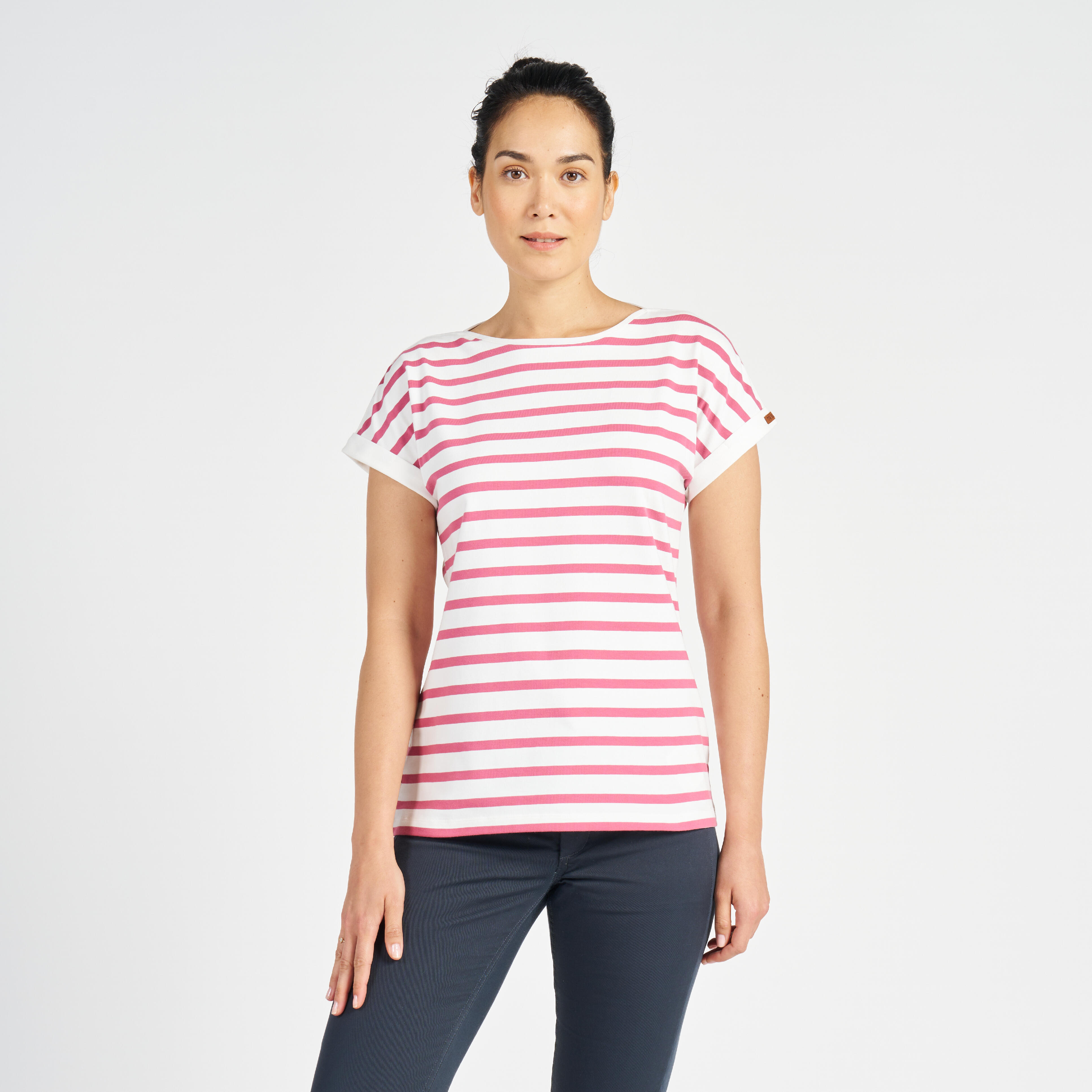 T-Shirt Short Sleeve - Sailing 100 Women's Sailing T-Shirt Ecru pink