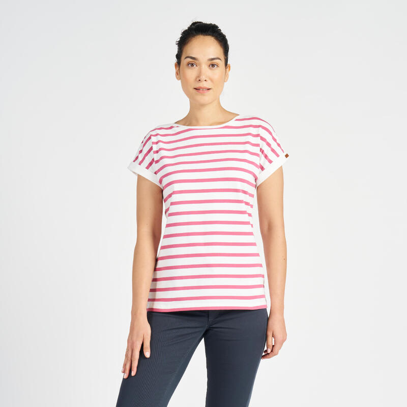 Maglia vela donna SAILING 100 marinara ecru-rosa