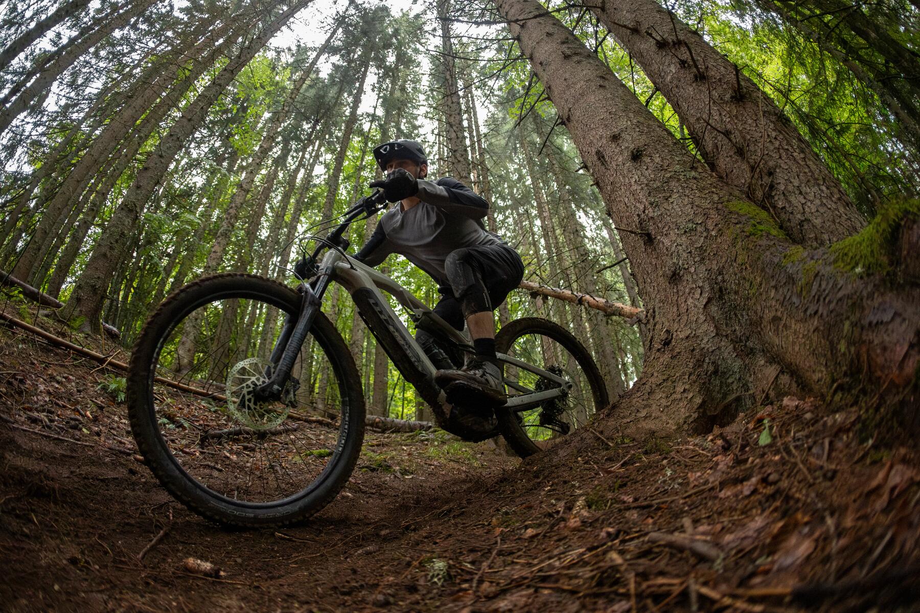 Mężczyzna w kasku jadący rowerem mtb po lesie