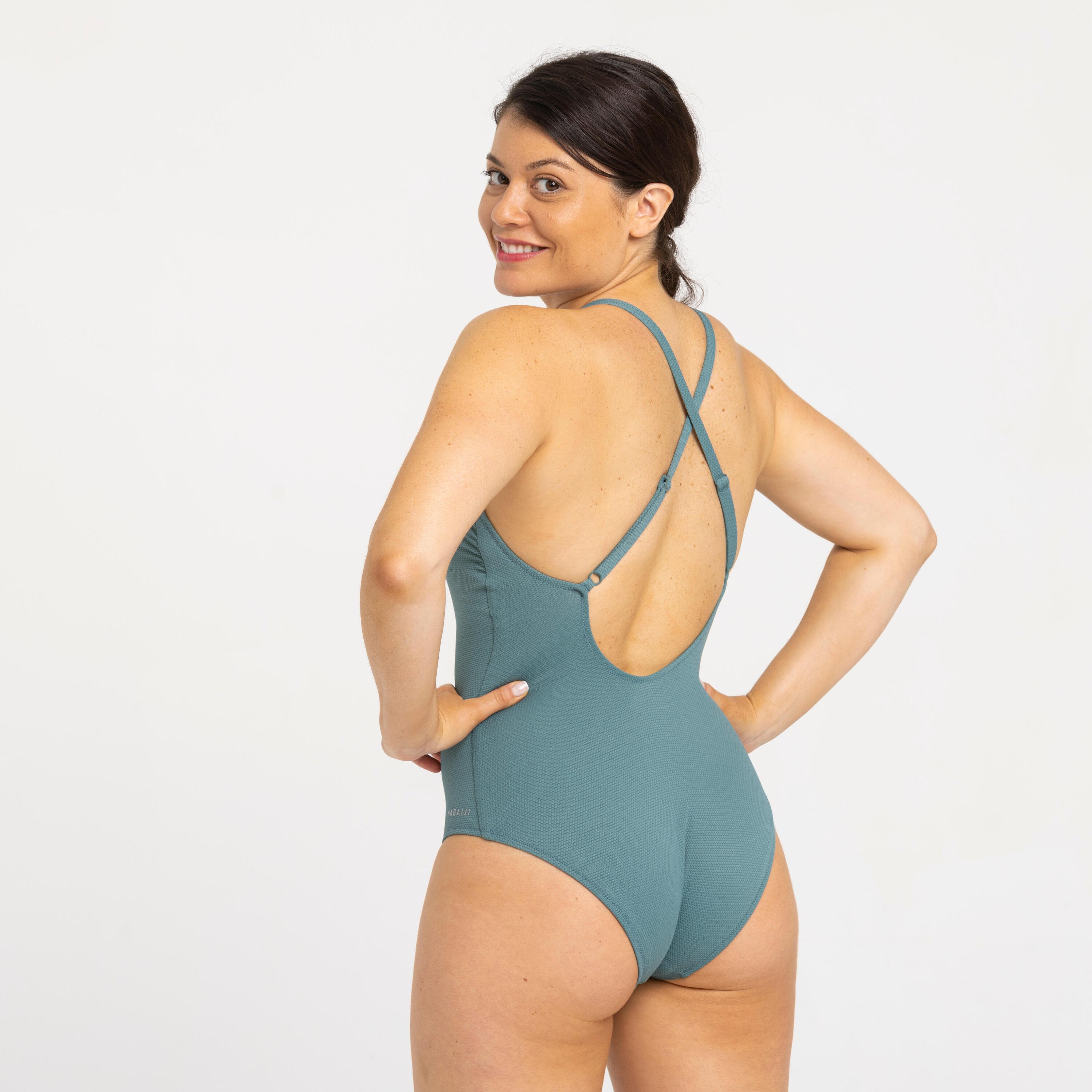 Maillot de bain 1 pièce texturé natation encolure haute femme, Lila high kaki 2/17