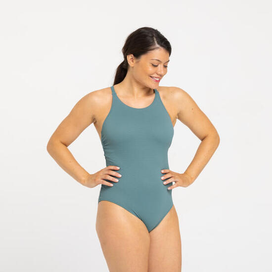 Maillot de bain 1 pièce texturé natation encolure haute femme, Lila high kaki