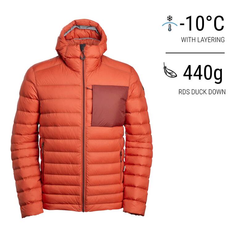 Men Puffer Down Jacket For Trekking MT500 -10°C Orange Red