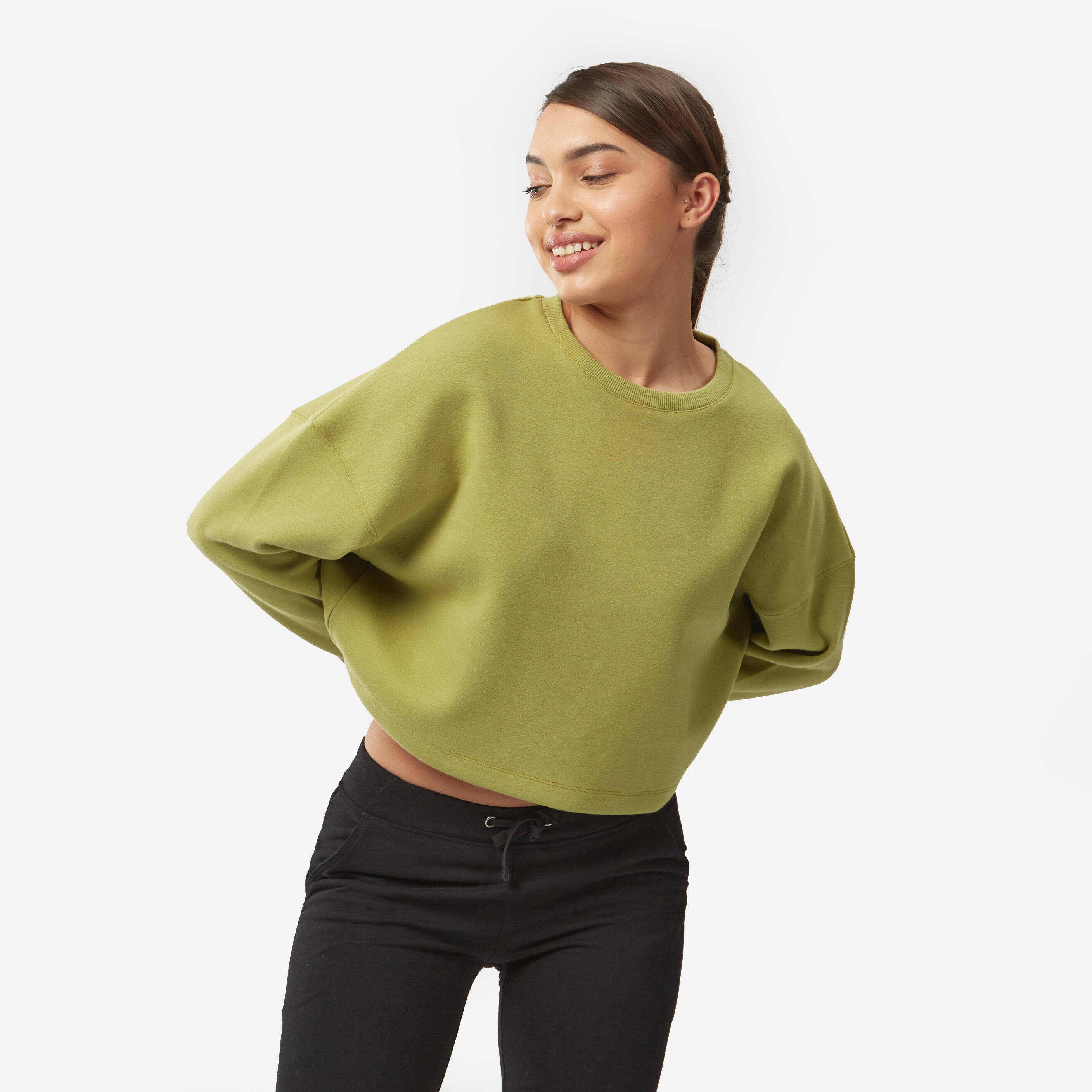 Women's Sweater Cropped Drawstring 520 For Gym-Olive Green -  3