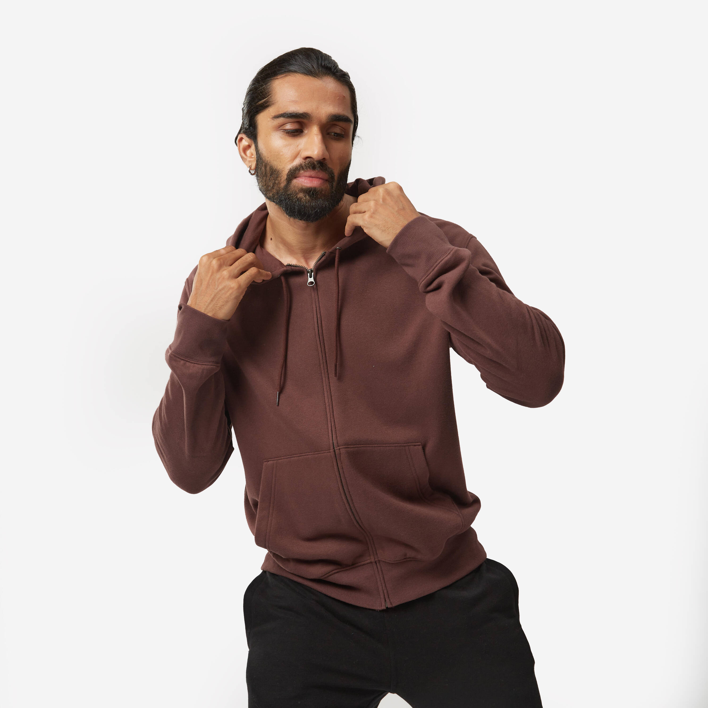 Men Fleece Hoodie, Full Zipped - Mahogany Brown -  2