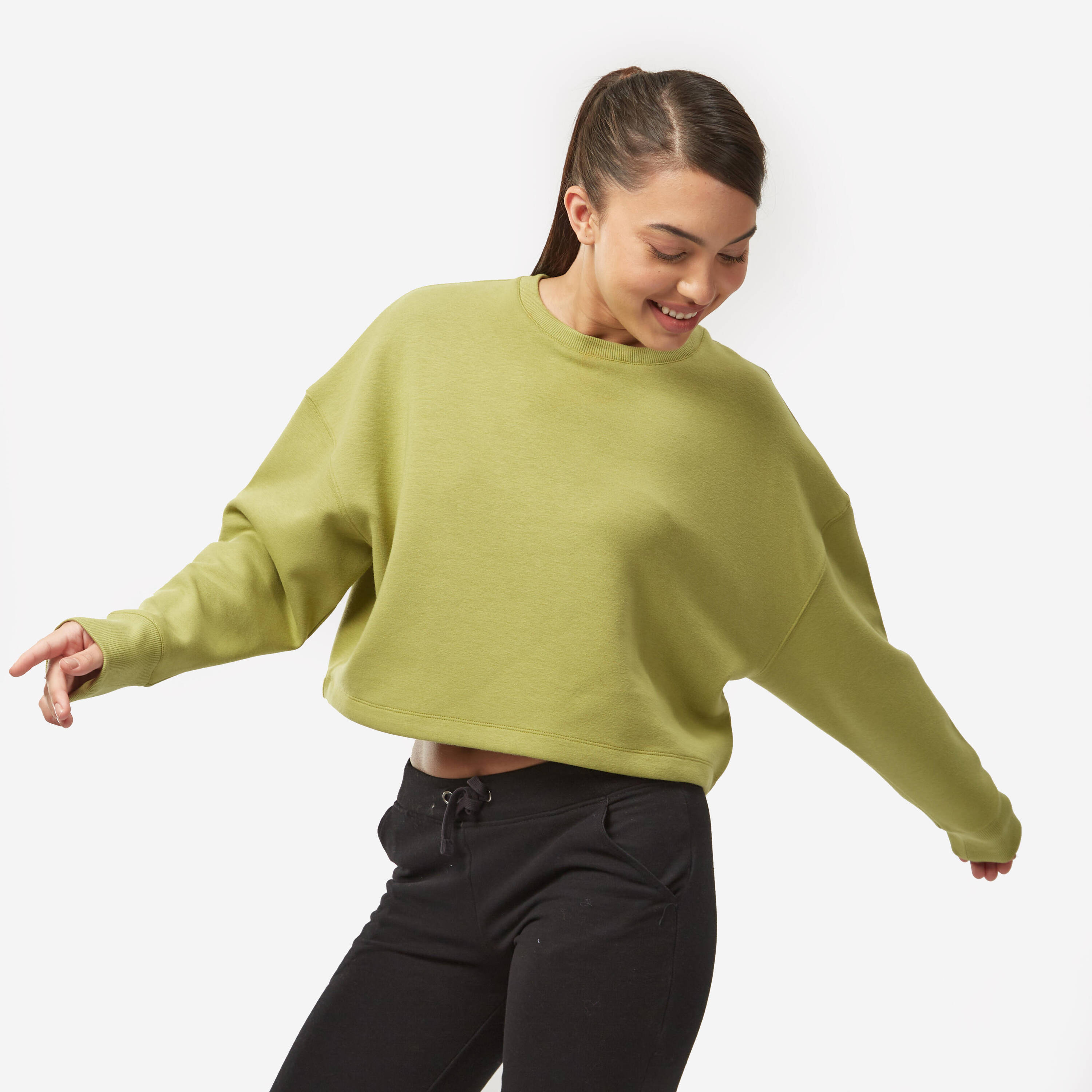 Women's Sweater Cropped Drawstring 520 For Gym-Olive Green -  1