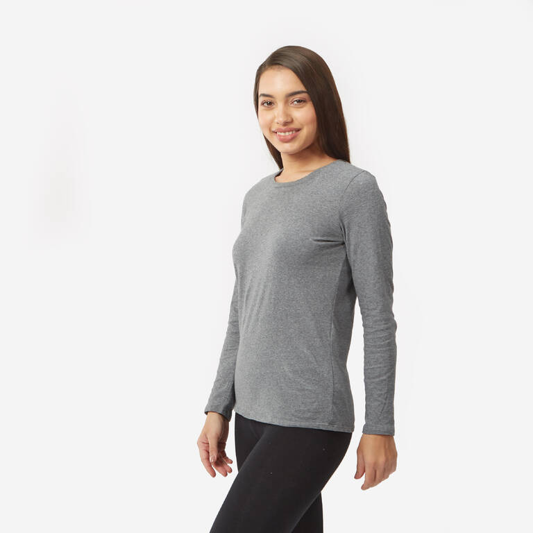 Women's T-Shirt Long-Sleeved 100 For Gym-Grey