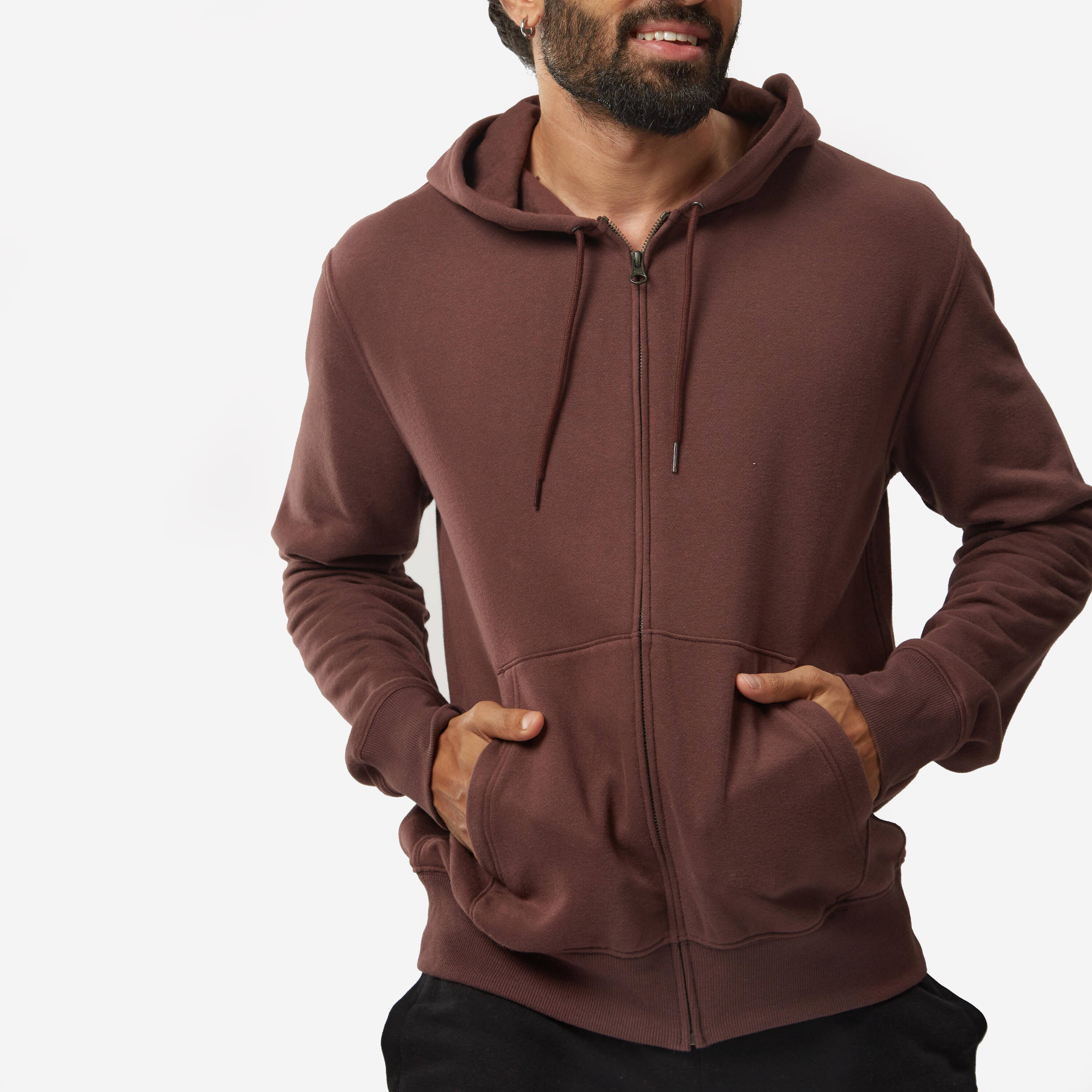 Men Fleece Hoodie, Full Zipped - Mahogany Brown -  3