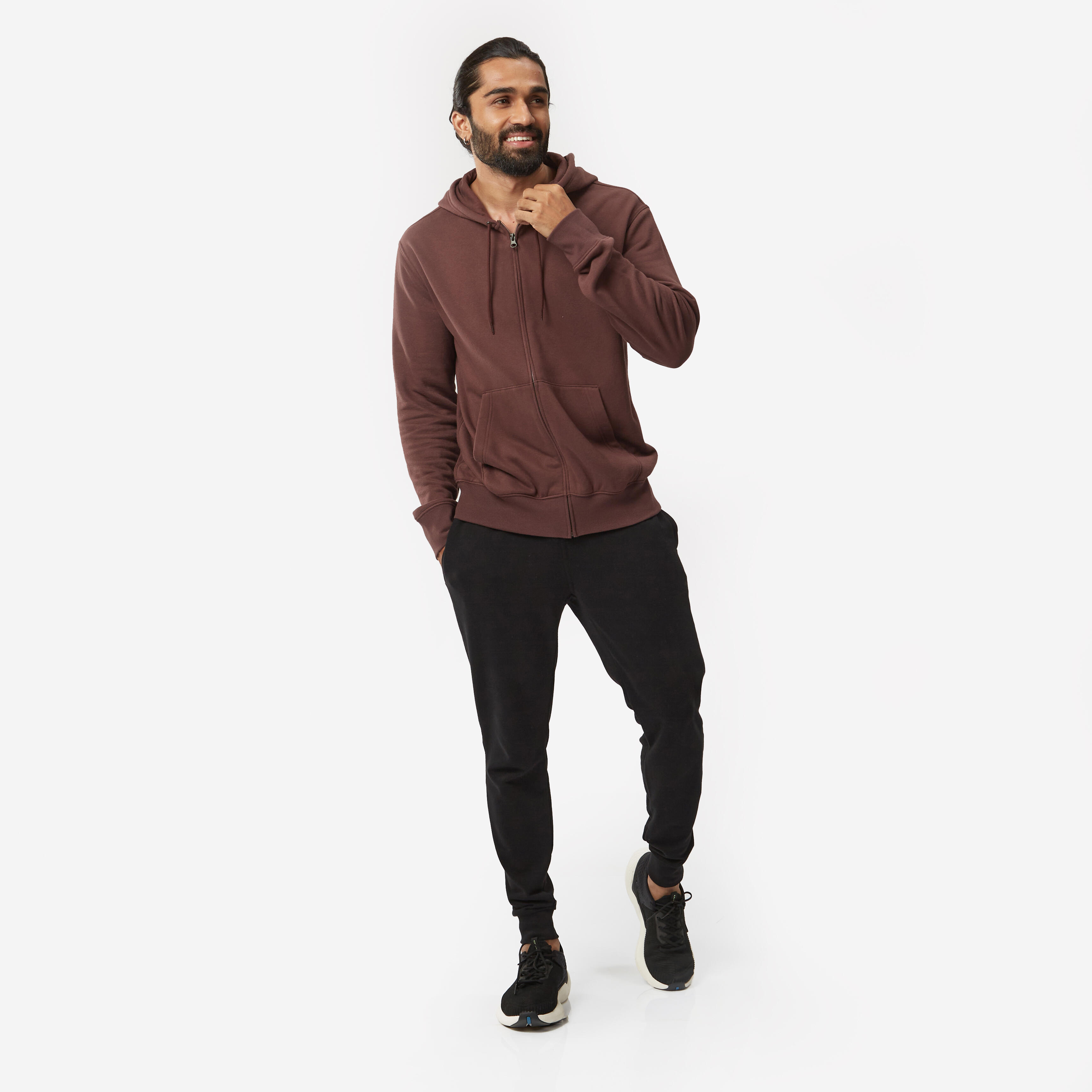 Men Sweatshirt With Hood and Zip Fleece Lined 500 For Gym-Dark