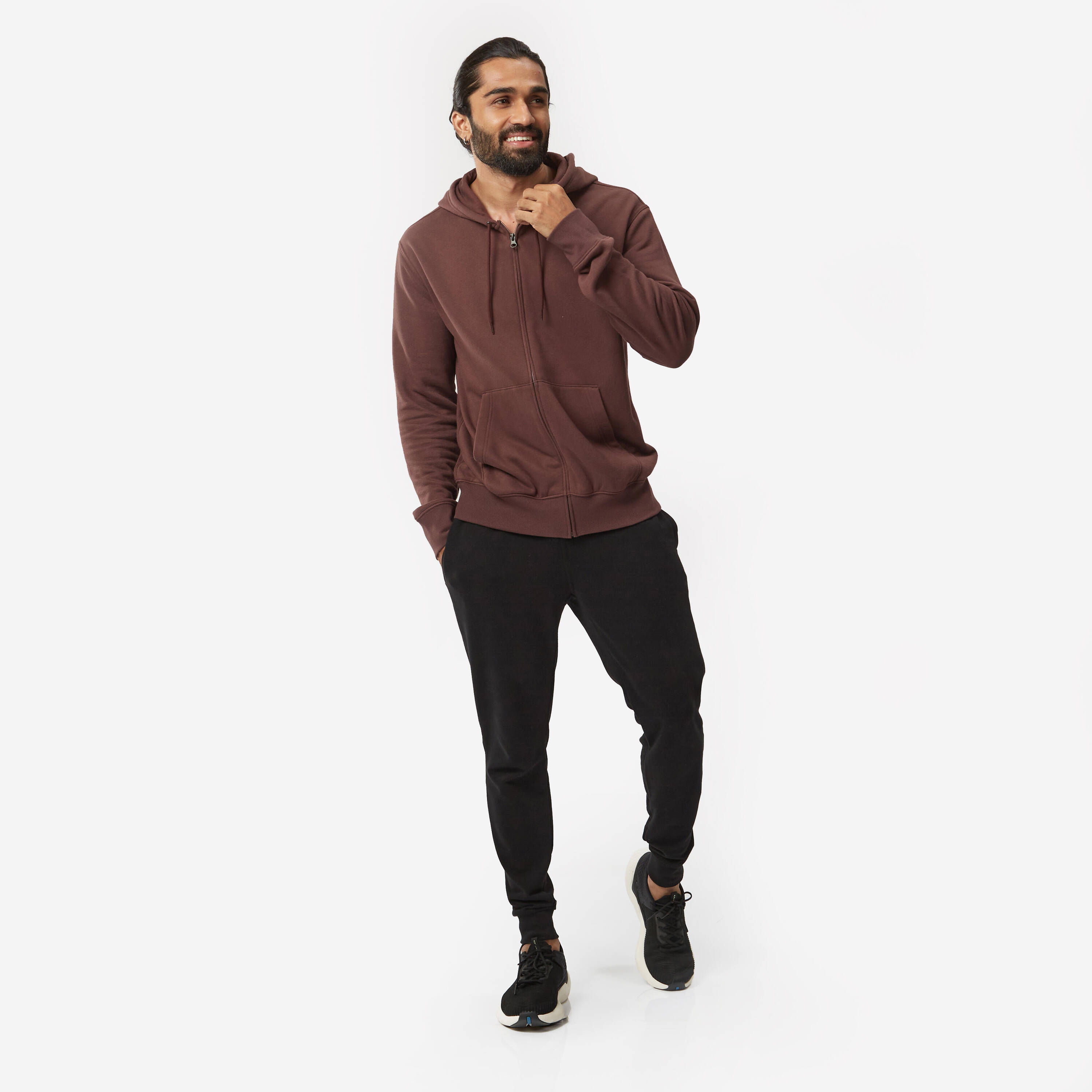 Men Fleece Hoodie, Full Zipped - Mahogany Brown -  5