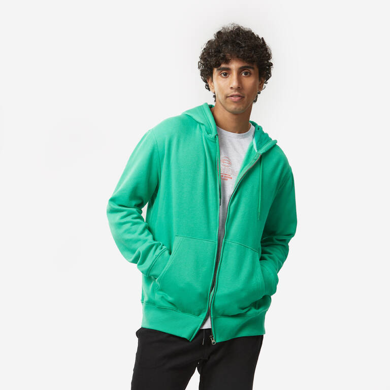 Men Sweatshirt With Hood and Zip Fleece Lined 500 For Gym-Green