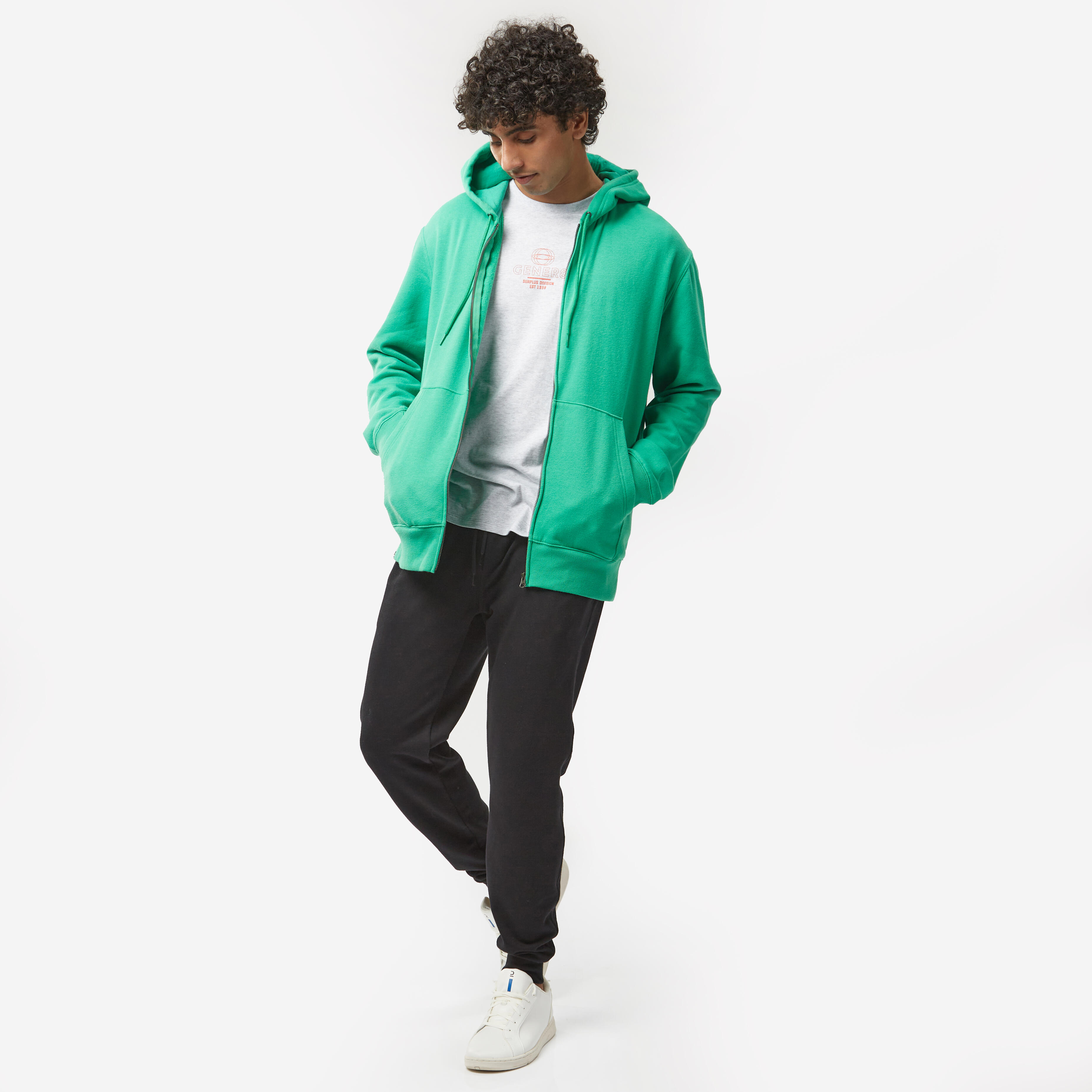 Men Fleece Hoodie, Full Zipped -Green