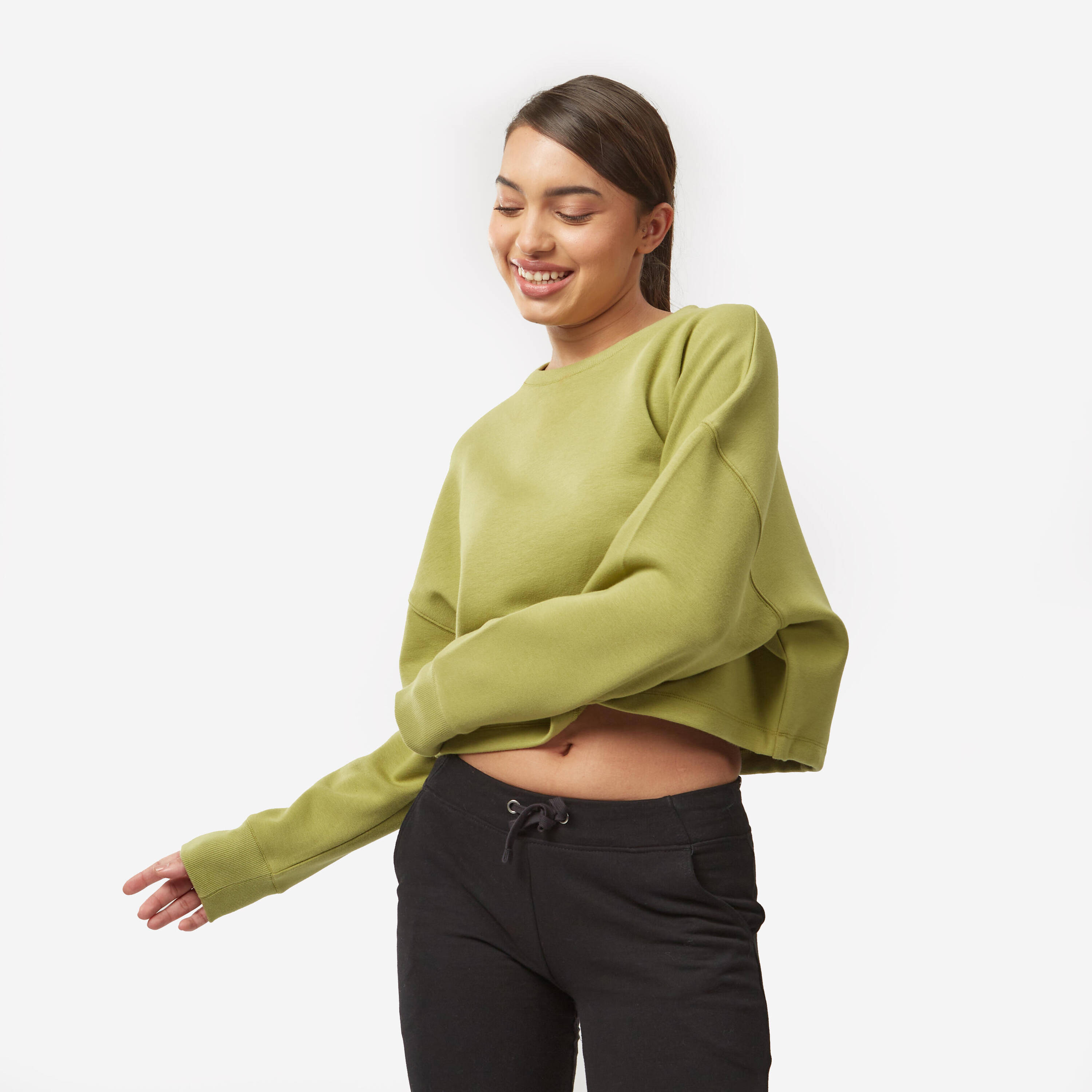 Women's Sweater Cropped Drawstring 520 For Gym-Olive Green -  2