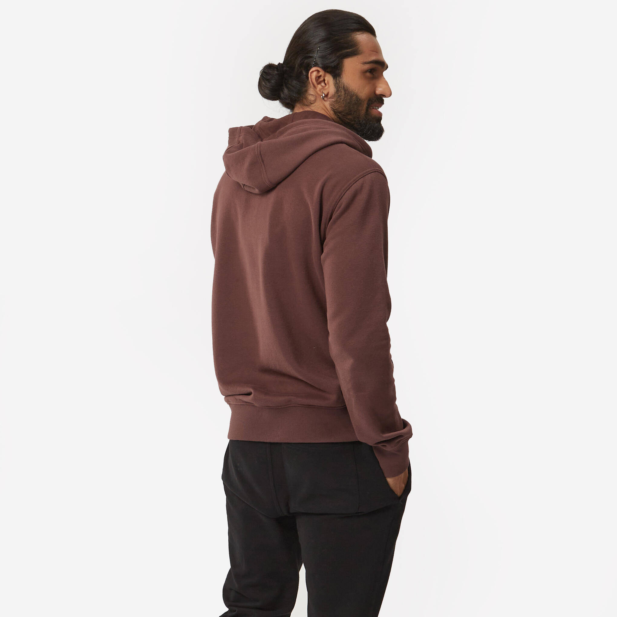 Men Fleece Hoodie, Full Zipped - Mahogany Brown -  4