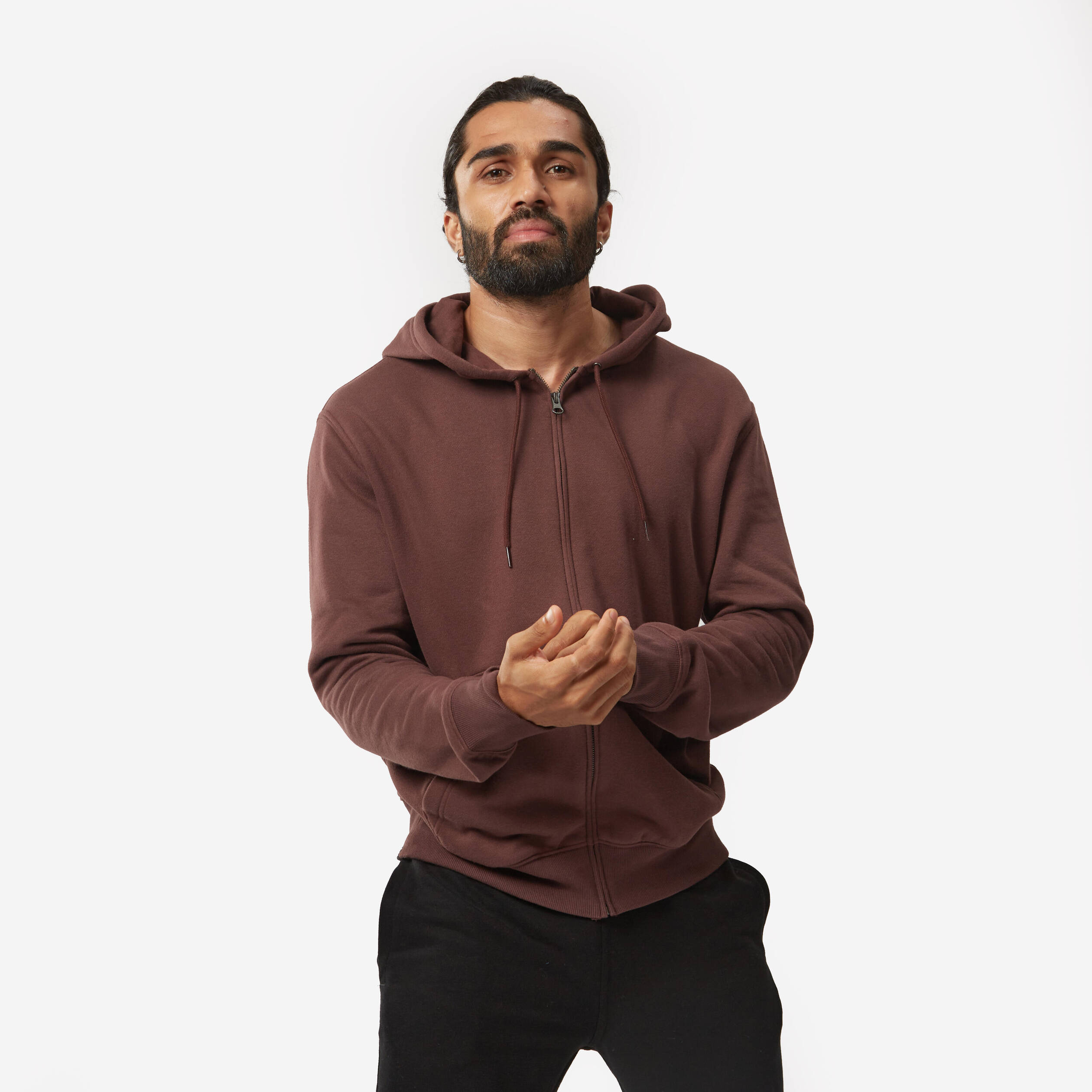 Men Fleece Hoodie, Full Zipped - Mahogany Brown