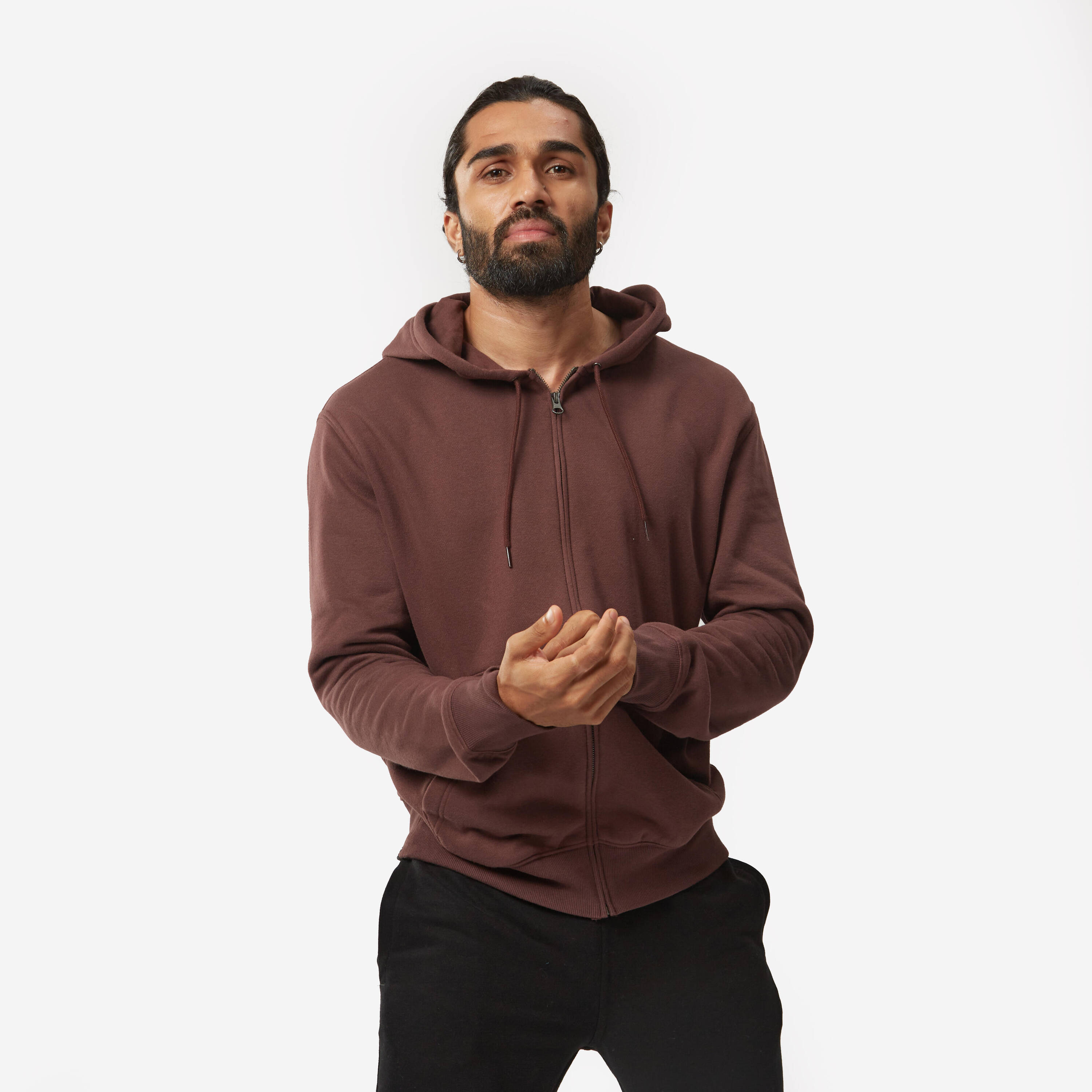 Men Fleece Hoodie, Full Zipped - Mahogany Brown -  1
