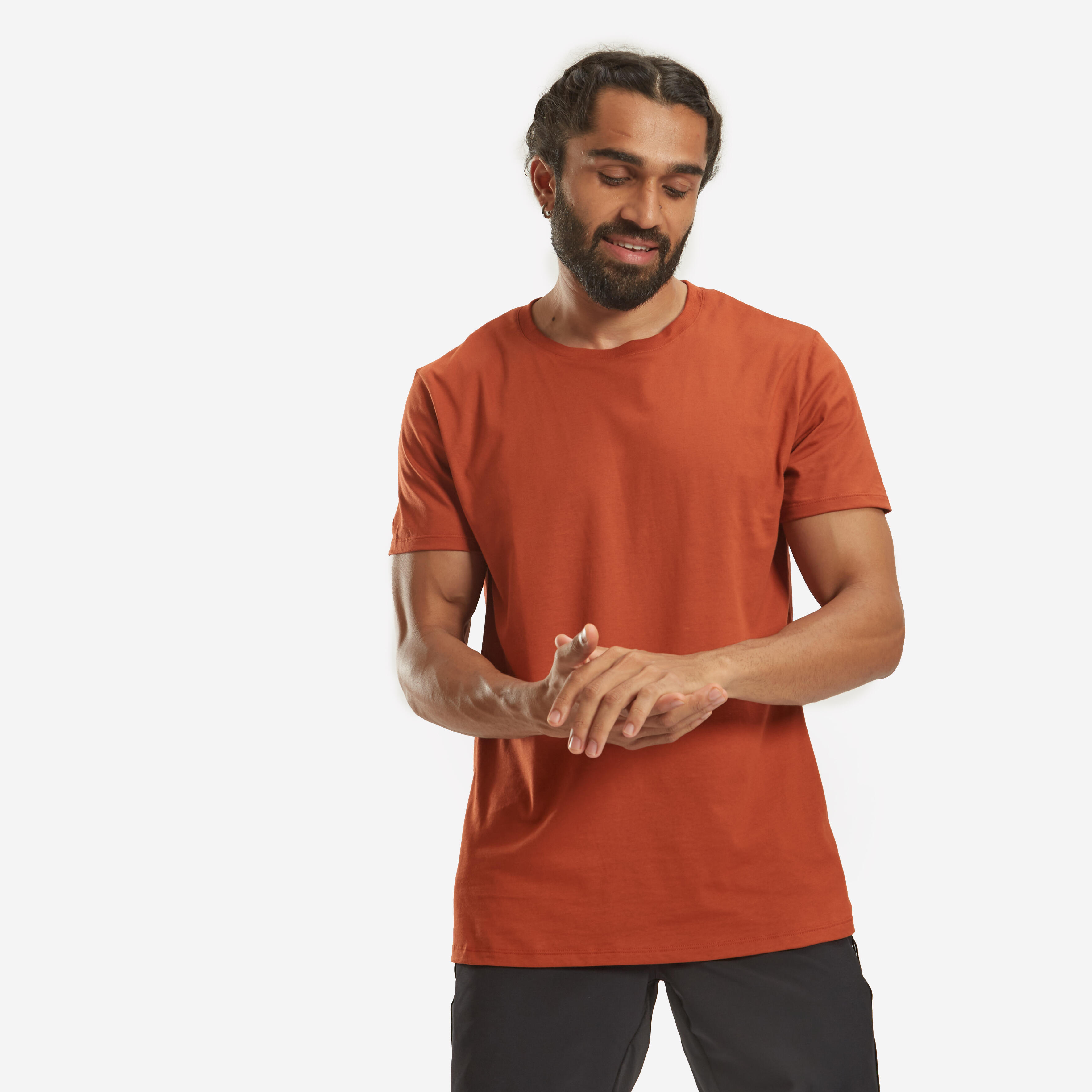 Men Gym Basic T-Shirt, 100% Cotton, Crew Neck, Regular Fit - Brown