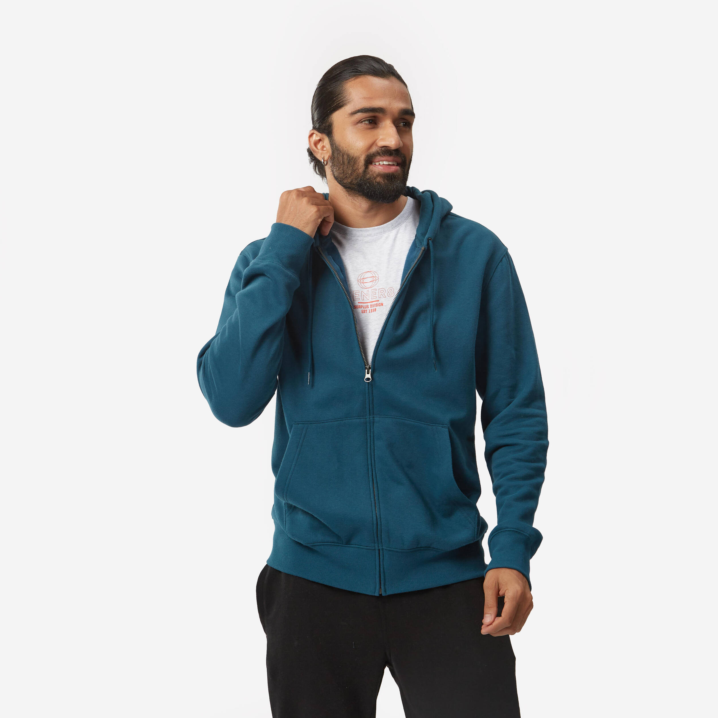 Men Fleece Hoodie, Full Zipped - Teal Blue
