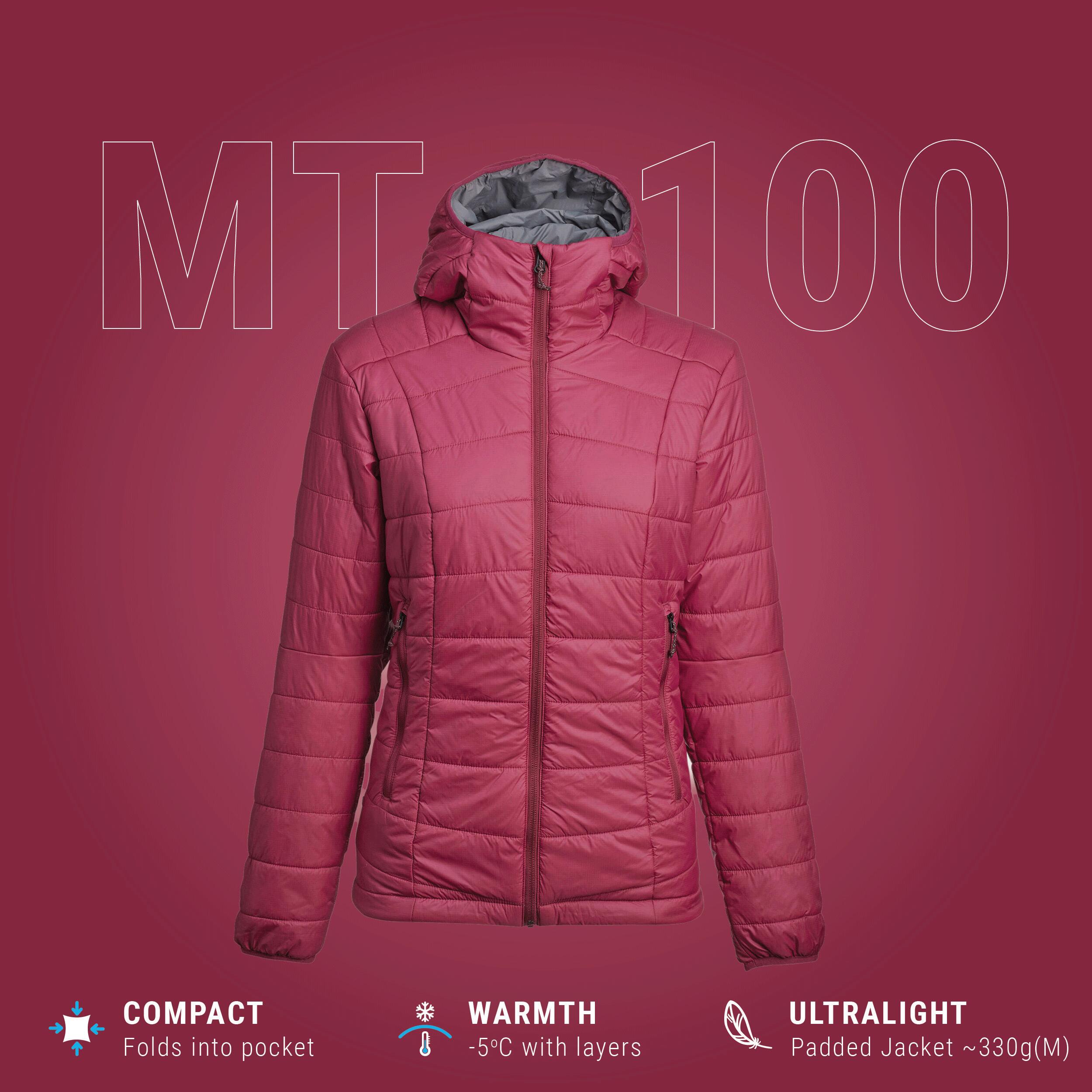 Wattierte Trekking-Jacke Synthetik mit Kapuze Damen, MT100 violett 11/22