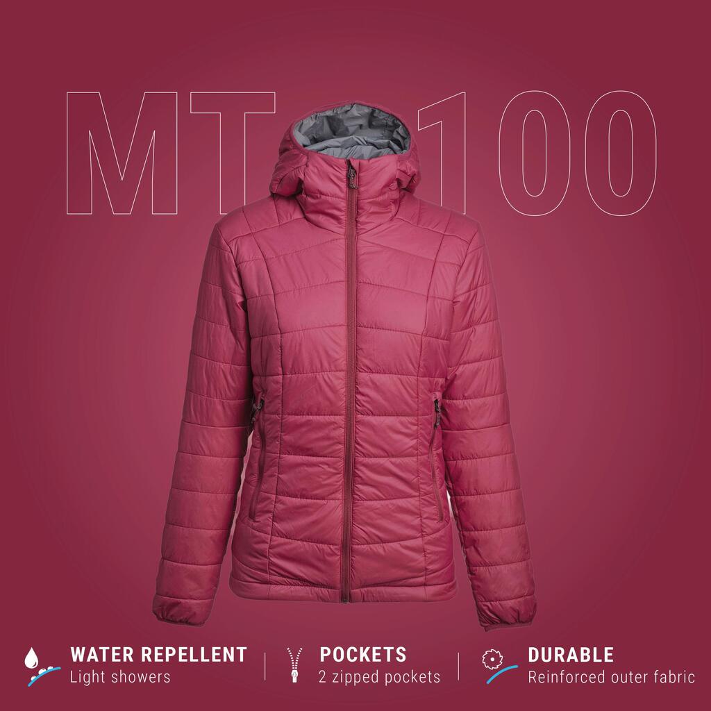 Women’s synthetic trekking down jacket with hood, MT100 - Purple