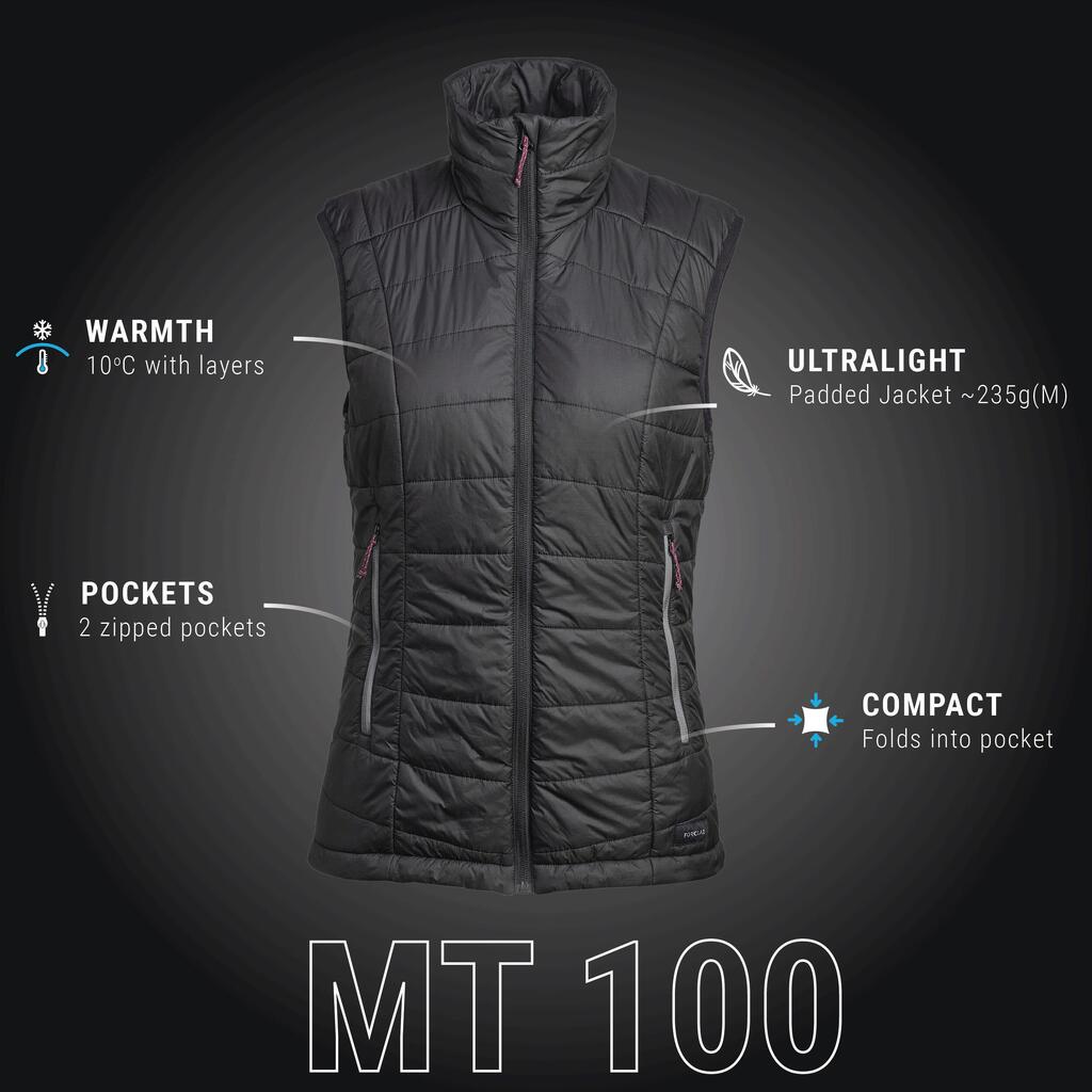 Women’s synthetic sleeveless trekking padded jacket MT100 - Purple