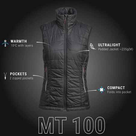 Women’s synthetic sleeveless trekking padded jacket MT100 - Black