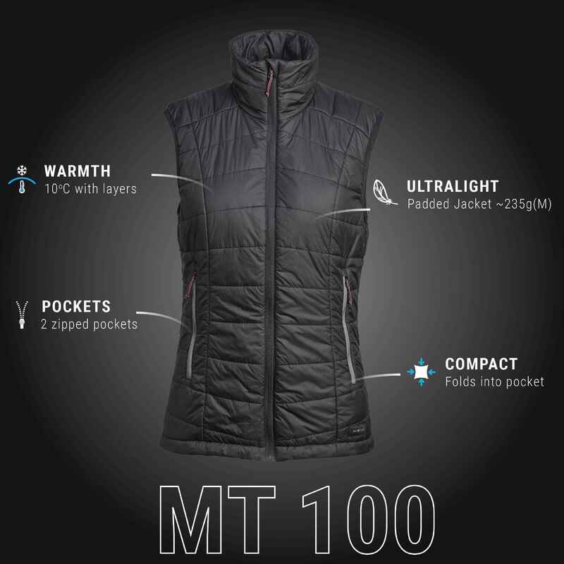 Women’s synthetic sleeveless trekking padded jacket MT100 - Black
