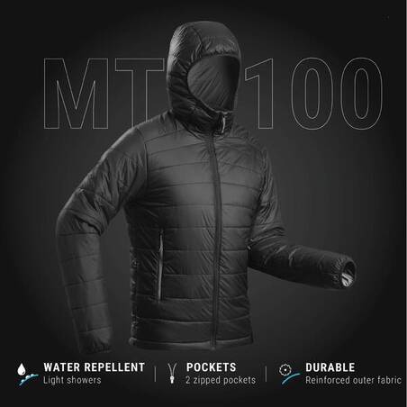 Men's Mountain Trekking padded jacket - TREK 100 WITH HOOD - Black