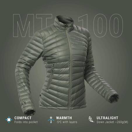 Down Jacket Trekking Wanita - MT100 | -5°C | Hijau Khaki