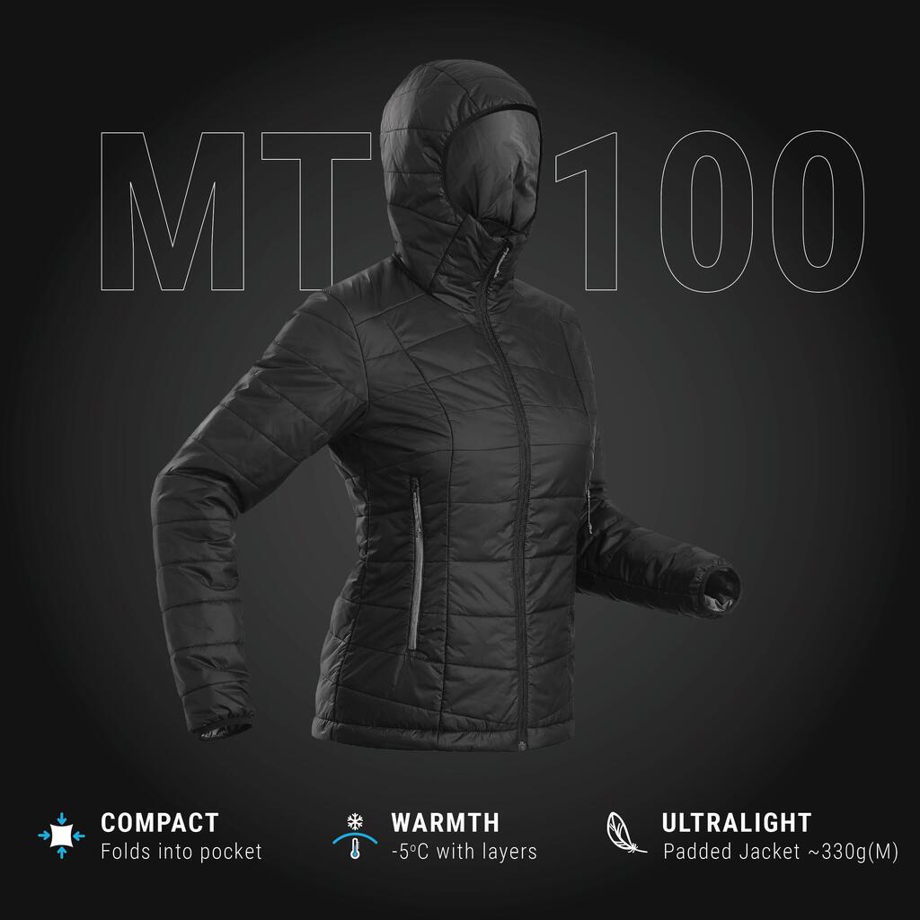 Chaqueta acolchada con capucha de mujer para trekking de montaña MT100 -5°C azul