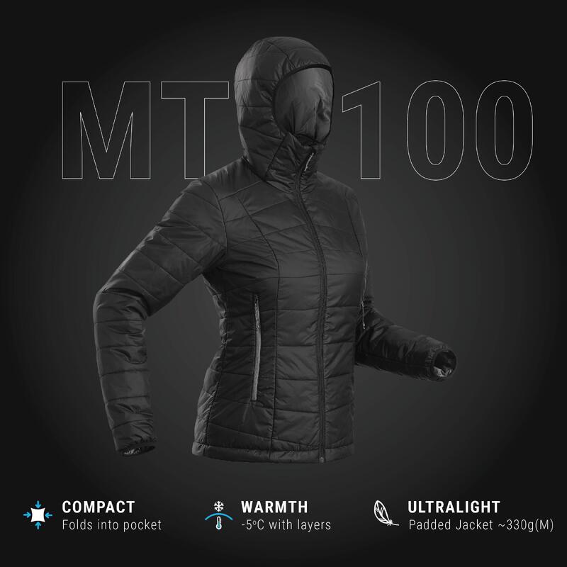 Doudoune de trek à capuche synthétique femme, MT100 noir