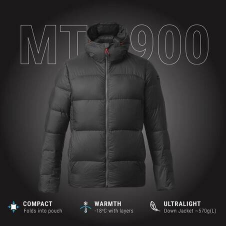 Jaket Down Berhoody Pria Trekking Gunung MT900 18°C - Hitam