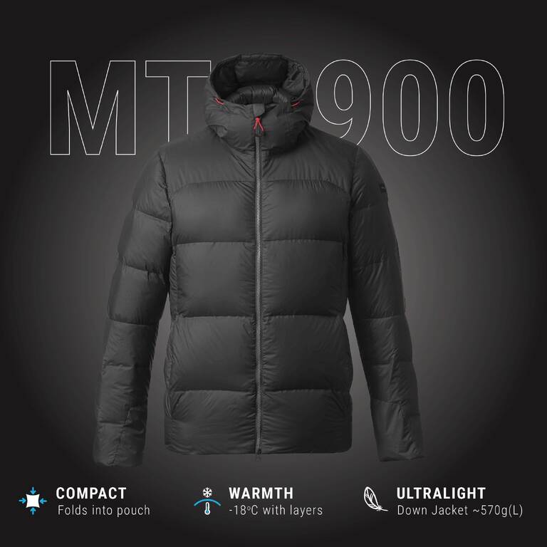 Jaket Down Berhoody Pria Trekking Gunung MT900 18°C - Hitam