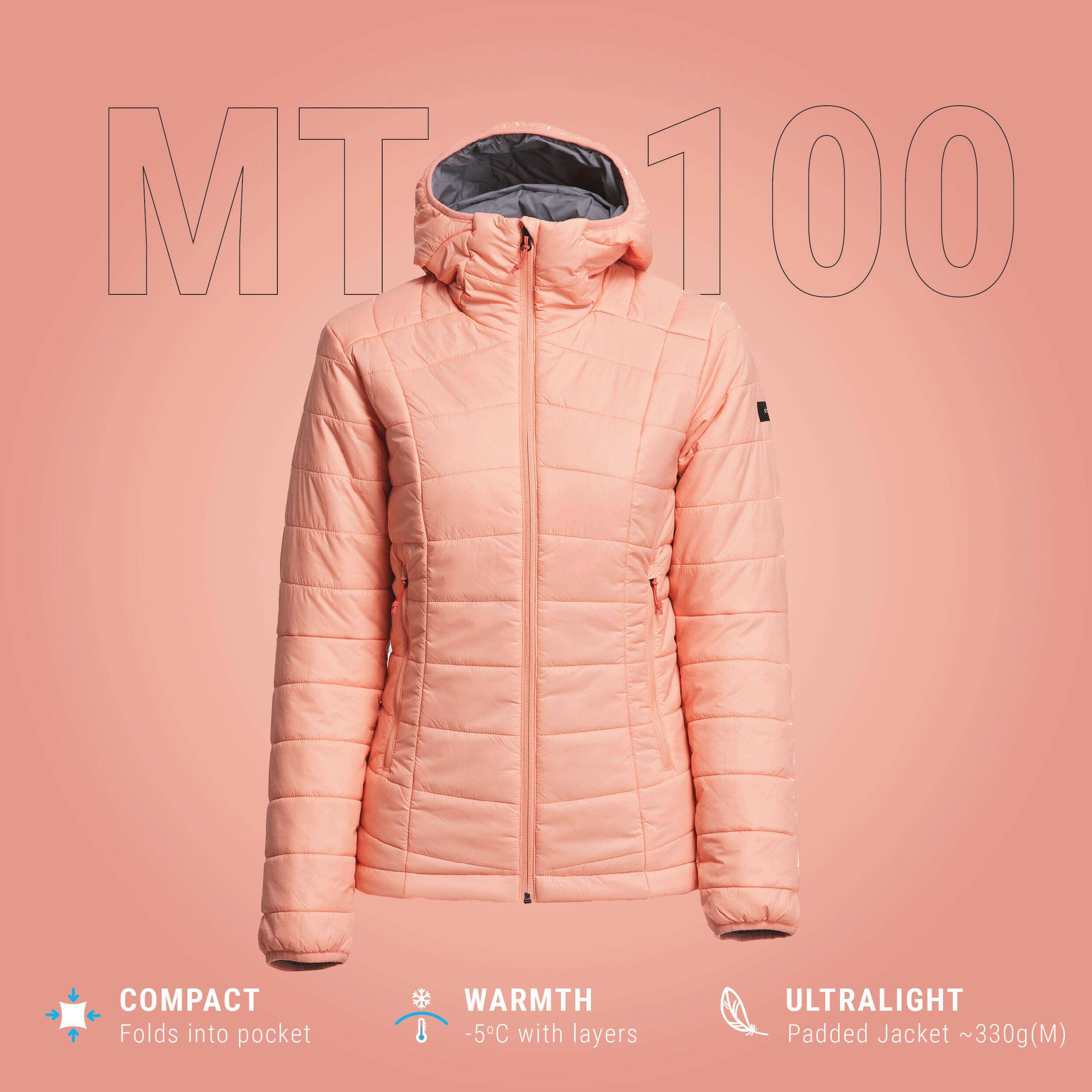 Women Warm Puffer Jacket with hood for mountain trekking- MT100 - 5°C - Orange
