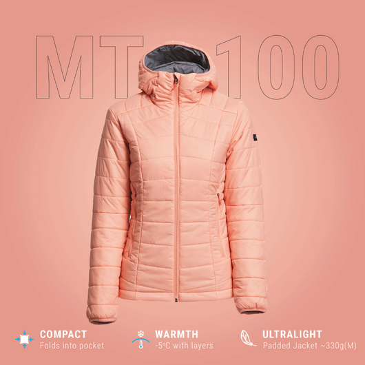 Doudoune de trek à capuche synthétique femme, MT100 orange