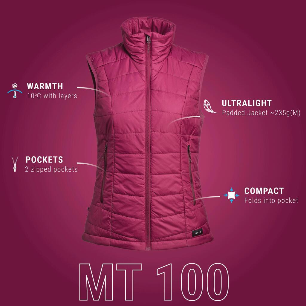 Women’s synthetic sleeveless trekking padded jacket MT100 - Purple