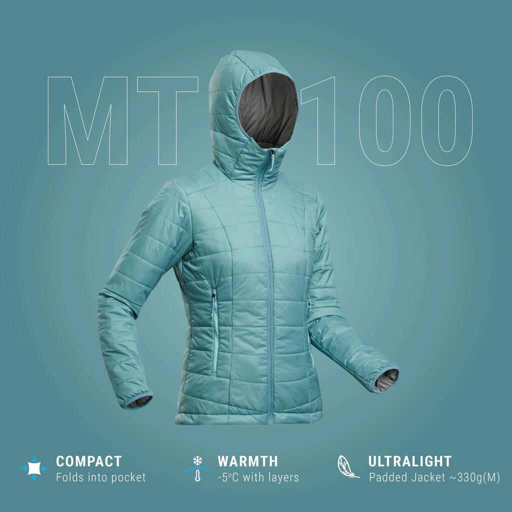Women’s synthetic padded trekking jacket with hood, MT100 - Blue