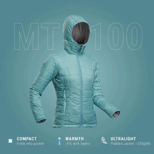 Women Trekking Padded Jacket - MT 100 -5°C - Grey