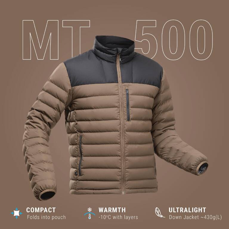 Jaket Down Trekking Gunung Pria MT500 -10°C Cokelat