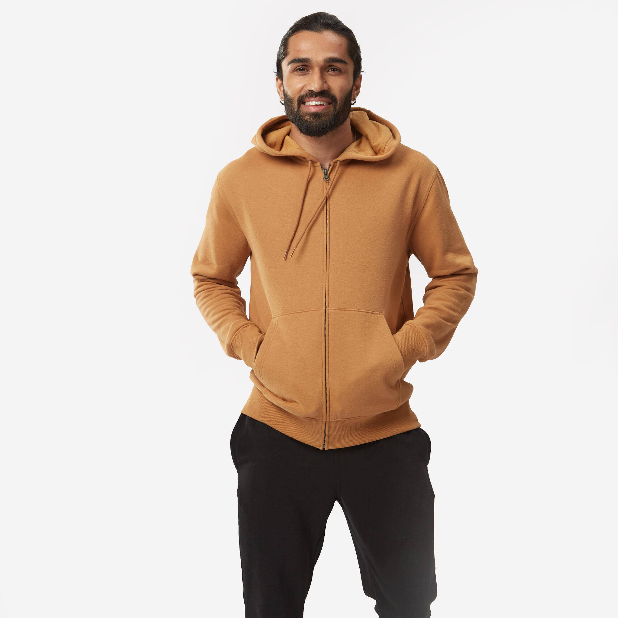 Men Fleece Hoodie, Full Zipped - Hazelnut