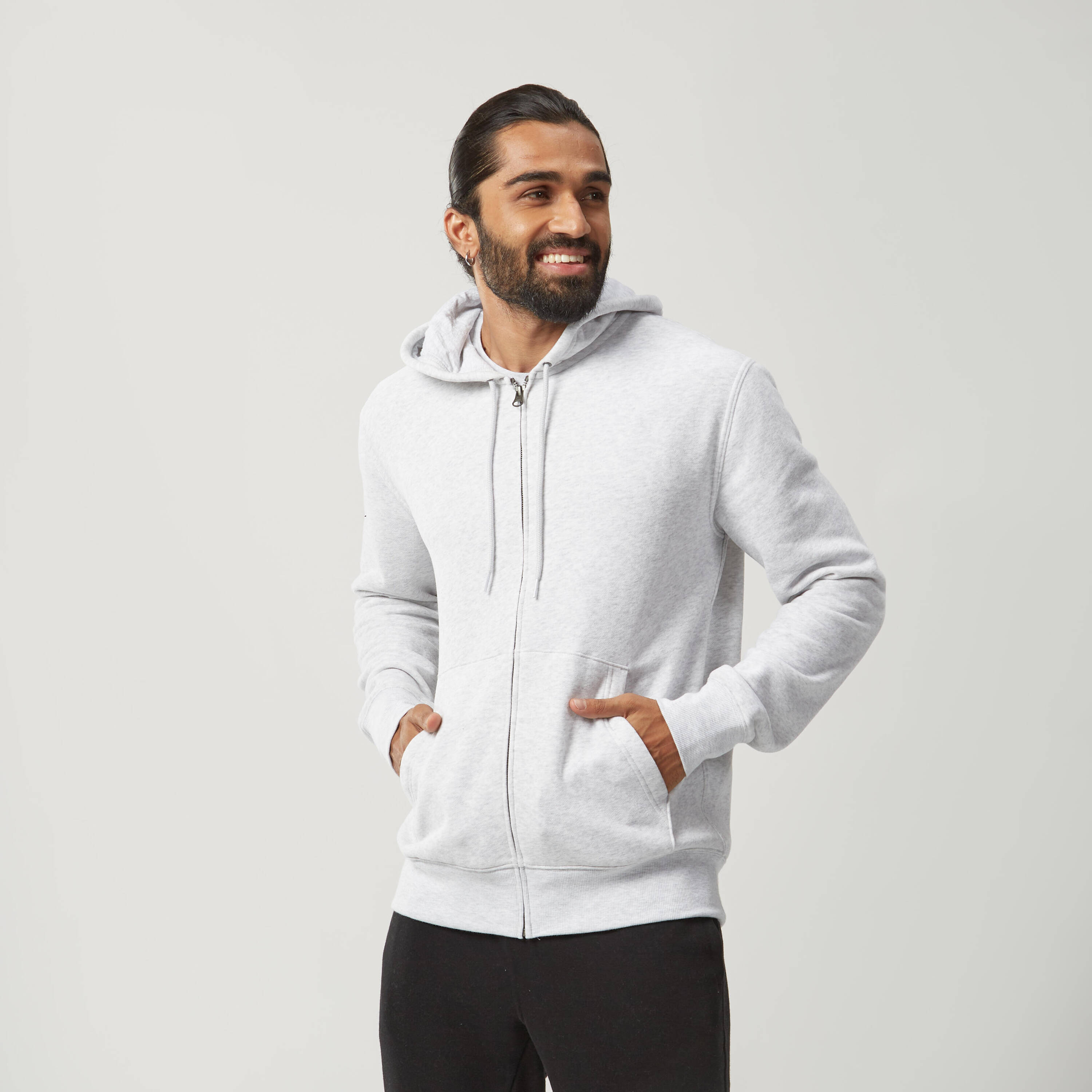 Men Fleece Hoodie, Full Zipped - Light Grey -  1