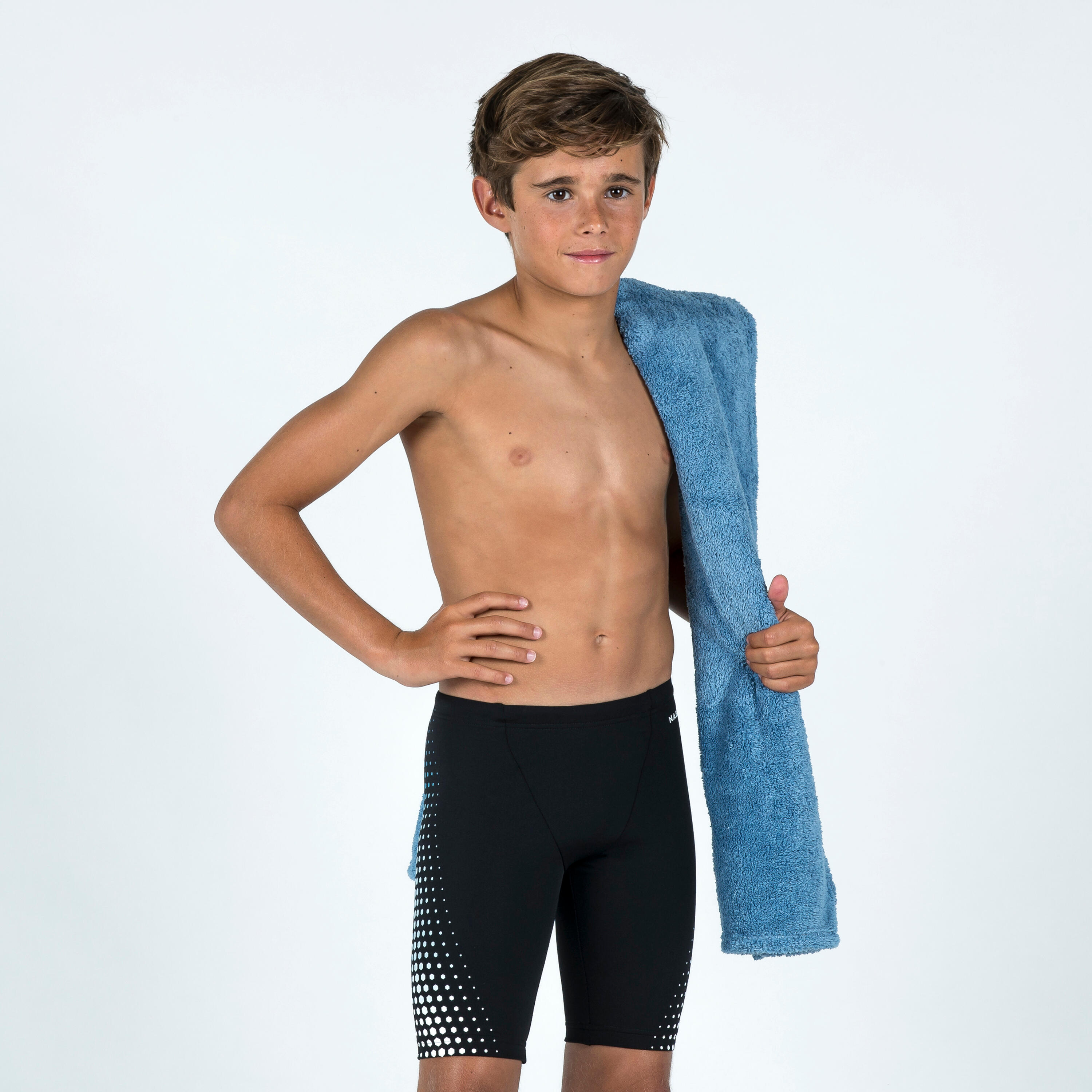 Boys' swimming jammer - 500 Fitib black white mesh