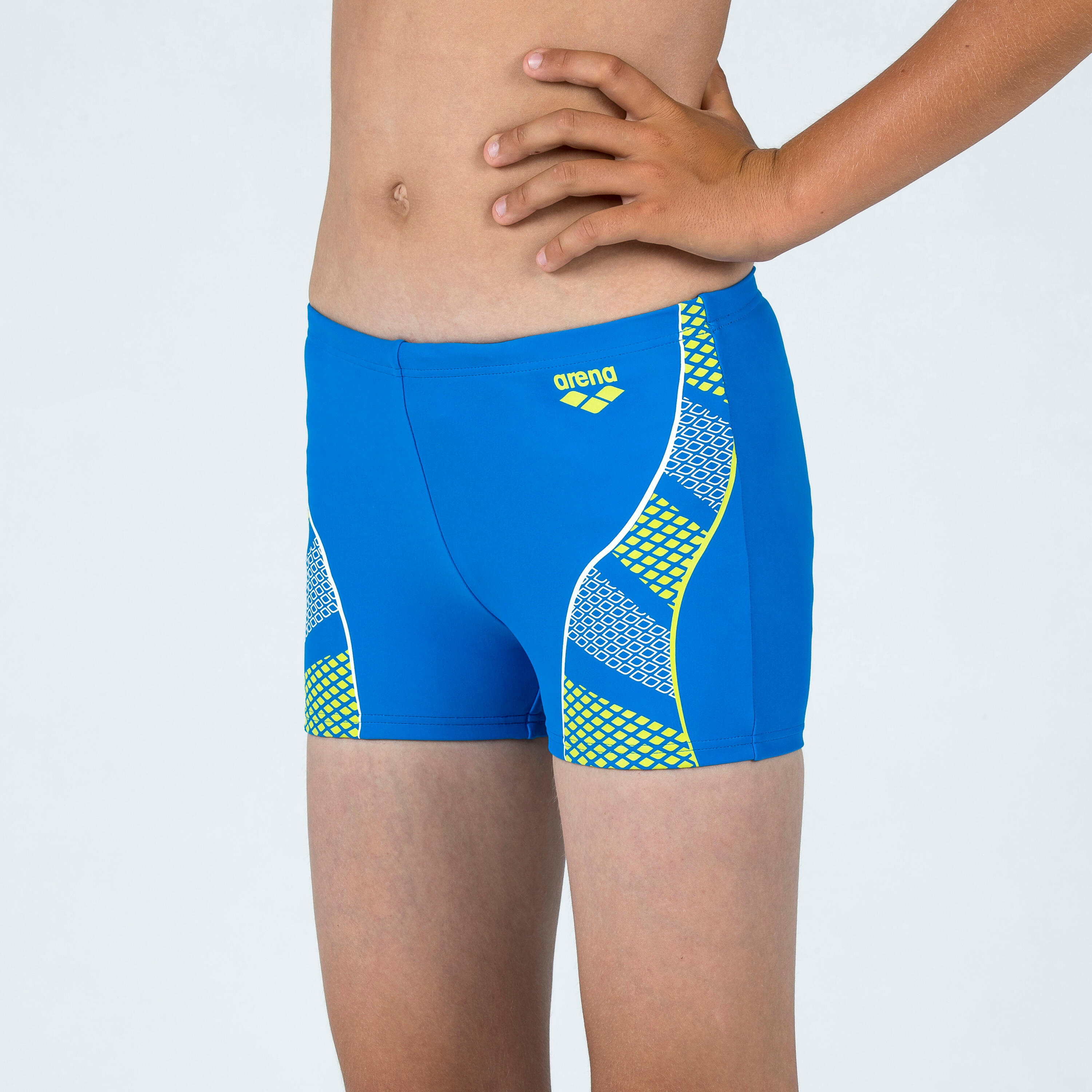 Calções de banho de natação boxer rapaz arena azul amarelo