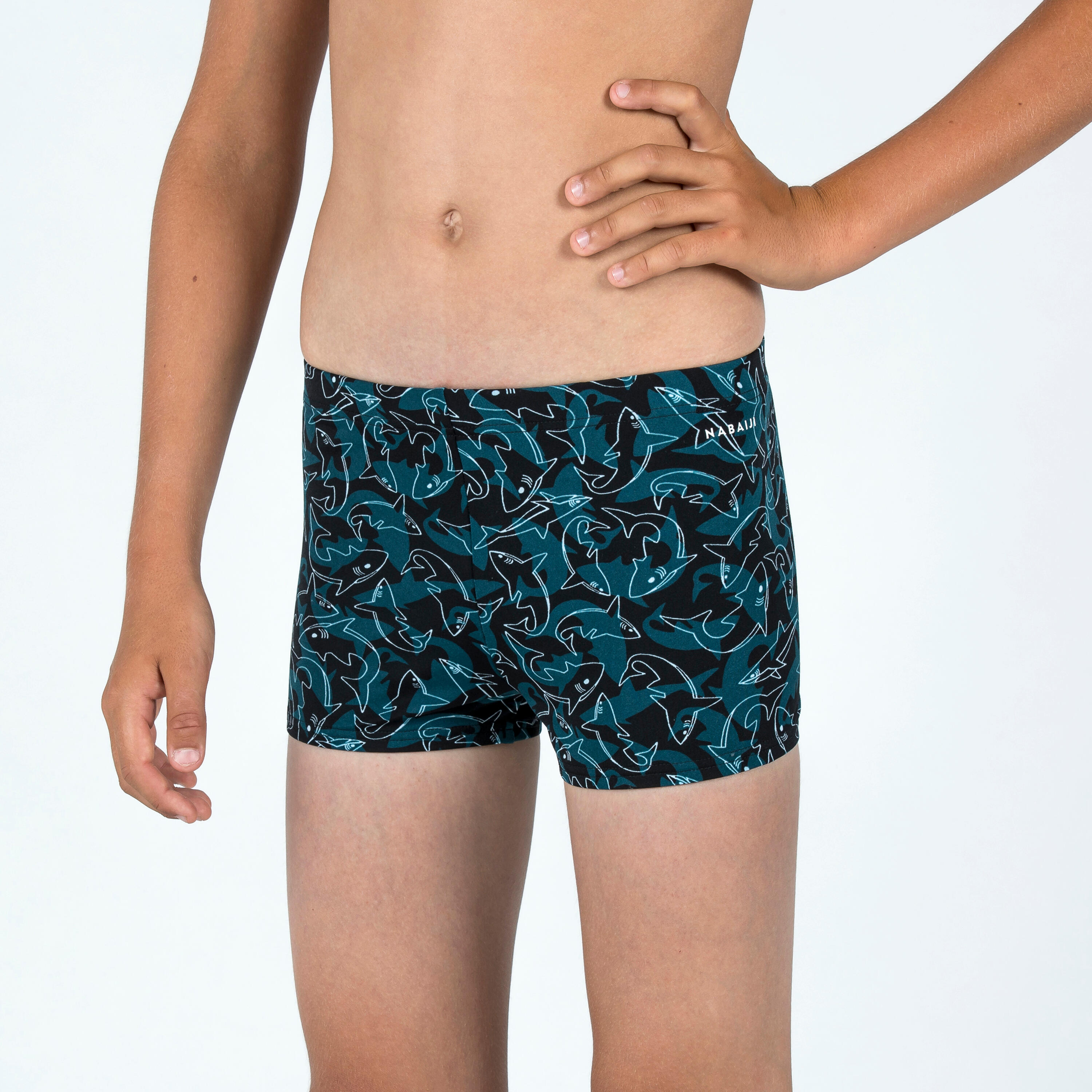 Teen boys’ swimming boxer shorts - 500 Fitib shark black blue
