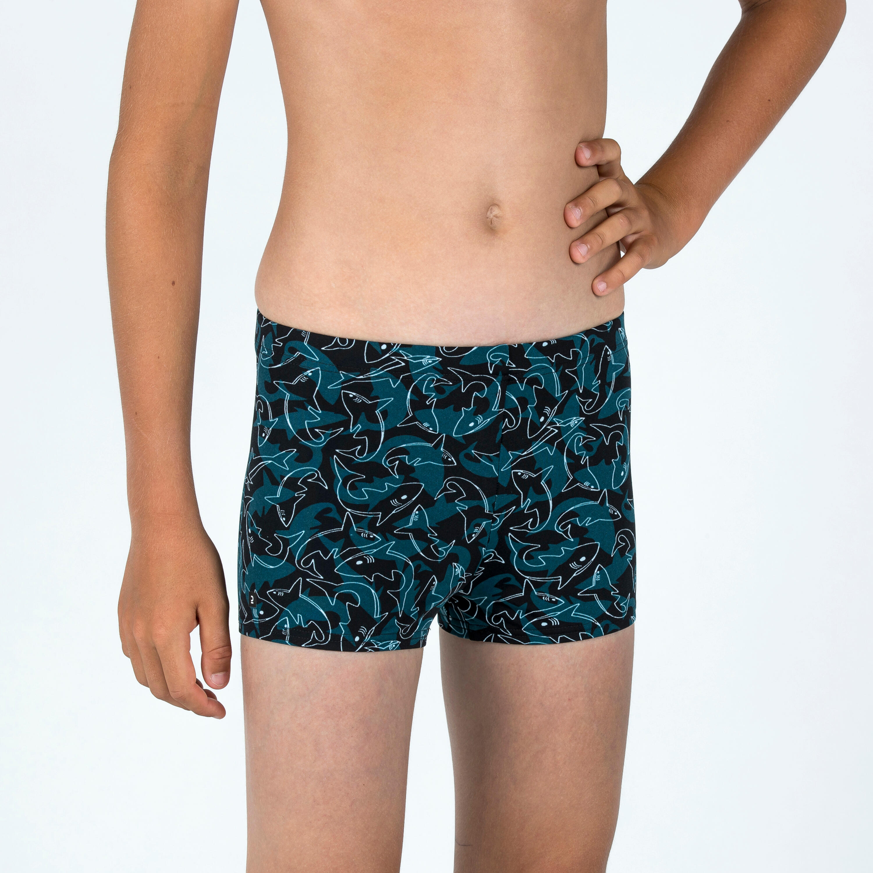Bade-Boxershorts jugendliche Jungen – 500 Fitib Shark, Schwarzblau 5/7