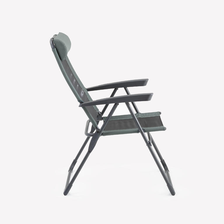 Reclining folding armchair with padded seat, alternate angle