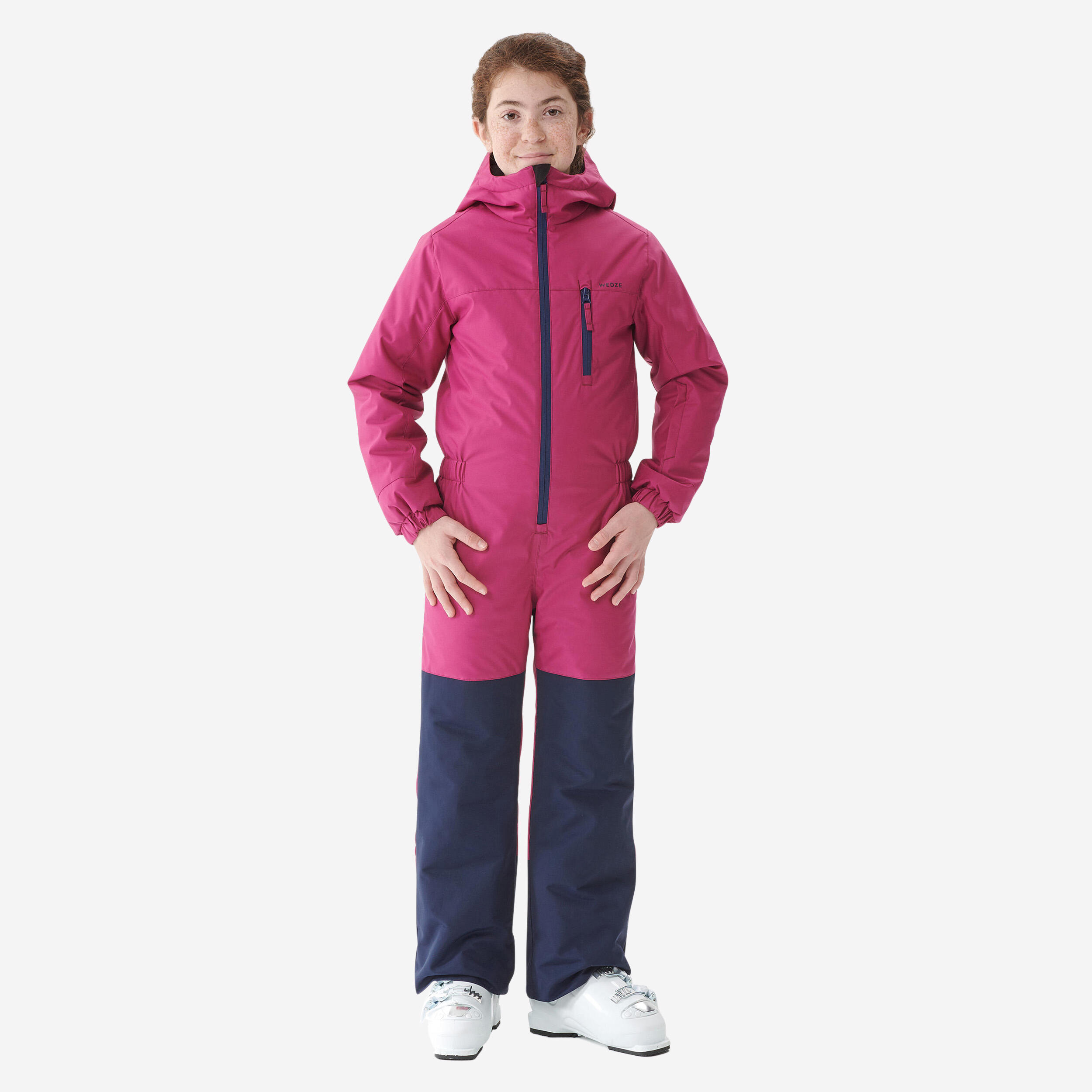 KIDS’ WARM AND WATERPROOF SKI SUIT 100 PINK AND NAVY BLUE